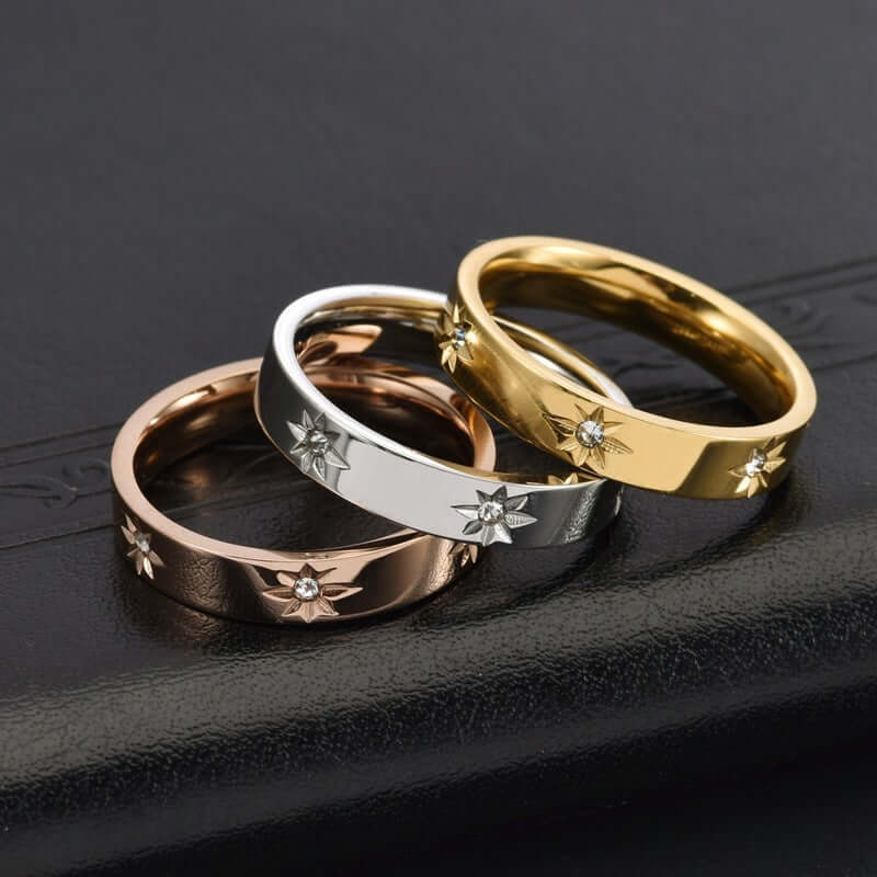 Stainless Steel Women's Five-pointed Star Inlaid Zircon Classic Style Plated 18KCJLX233054015OLStainless Steel Women's Star Ring - Classic 18K Plated