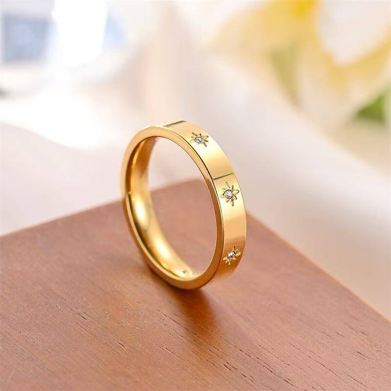 Stainless Steel Women's Five-pointed Star Inlaid Zircon Classic Style Plated 18KCJLX233054015OLStainless Steel Women's Star Ring - Classic 18K Plated