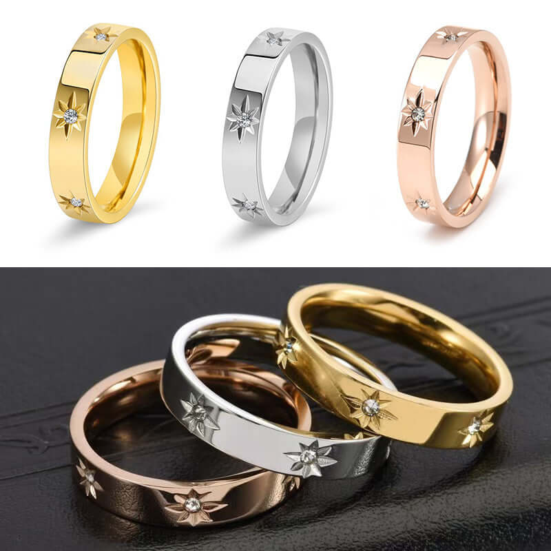 Stainless Steel Women's Five-pointed Star Inlaid Zircon Classic Style Plated 18KCJLX233054015OLStainless Steel Women's Star Ring - Classic 18K Plated