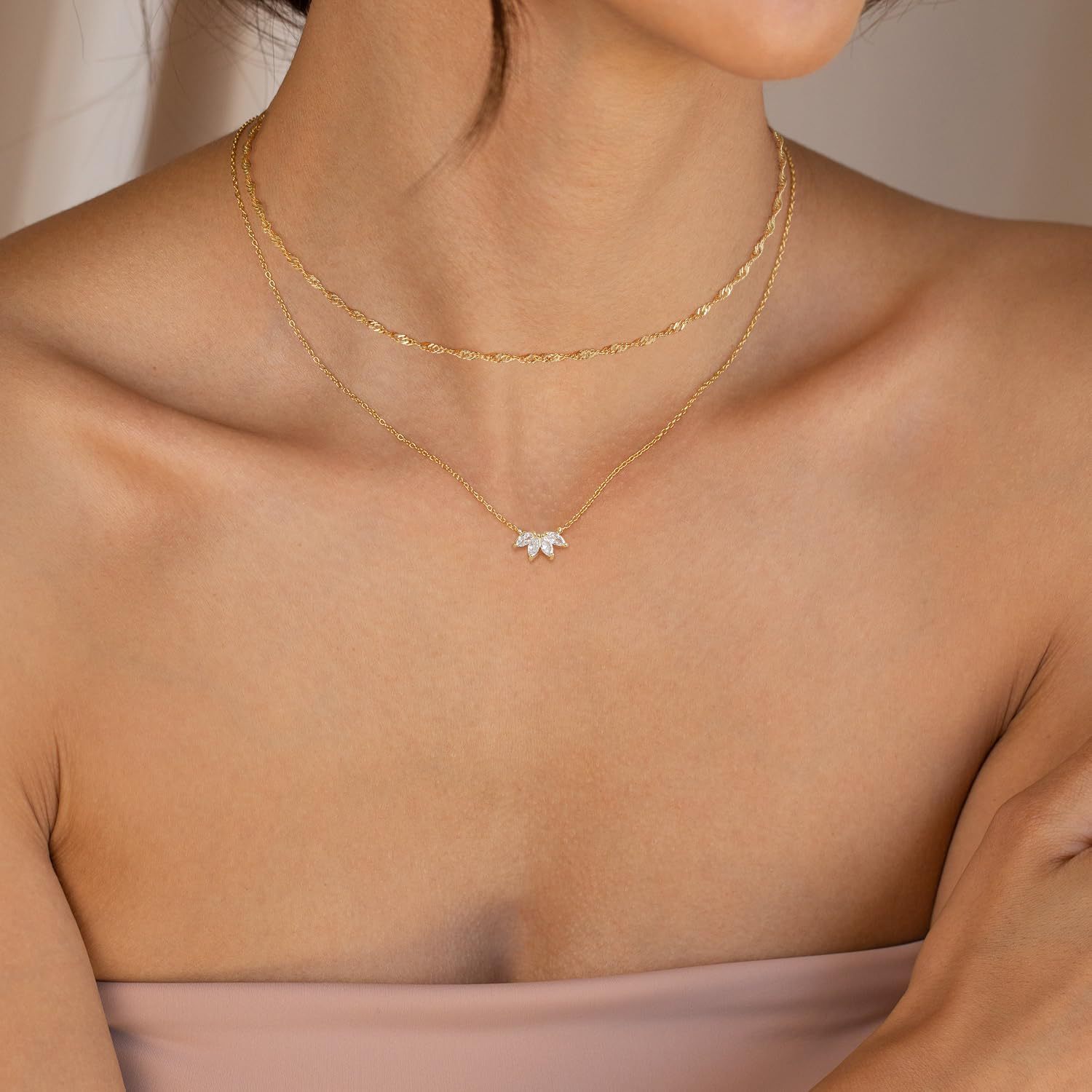 Women's Brass Gold Plated Inlaid Zircon Petal Double-layer Necklace