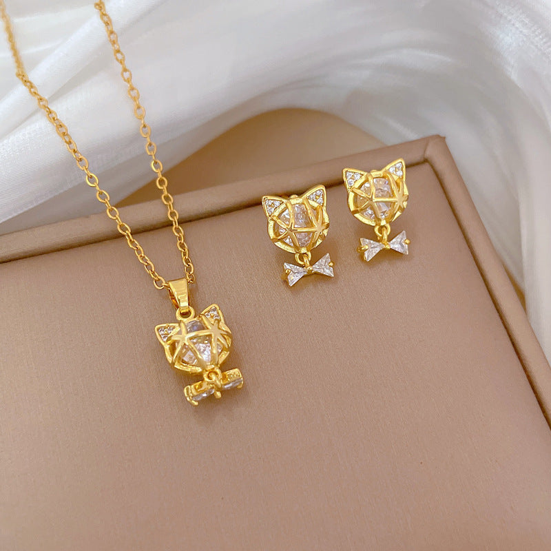 Necklace Light Luxury Full Diamond Bow Cat Personalized Earrings