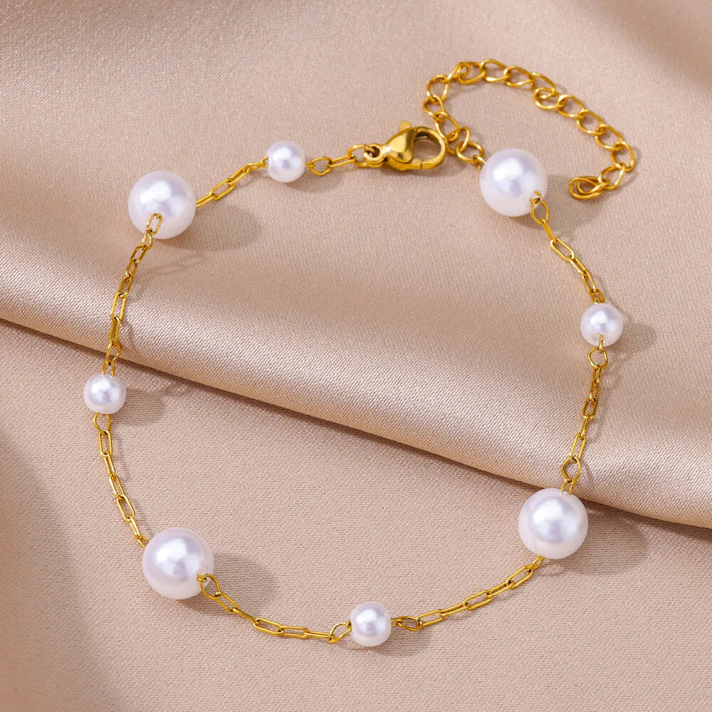 Gold Pearl Chain Anklet For Women