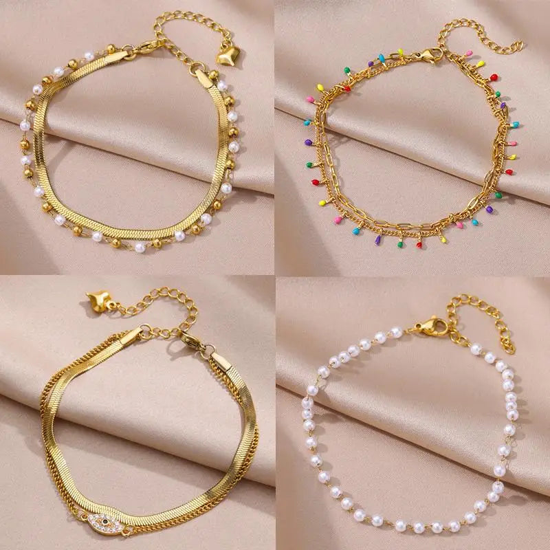 Gold Pearl Chain Anklet For Women