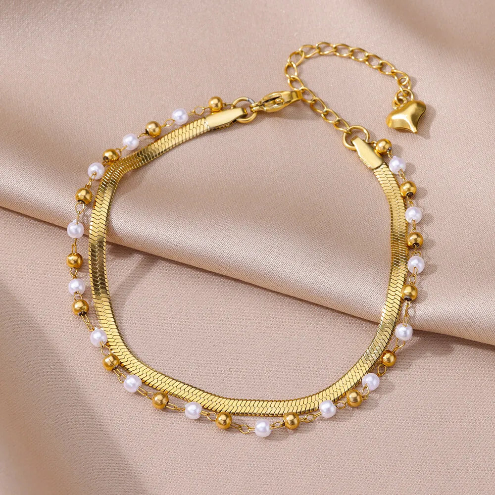 Gold Pearl Chain Anklet For Women