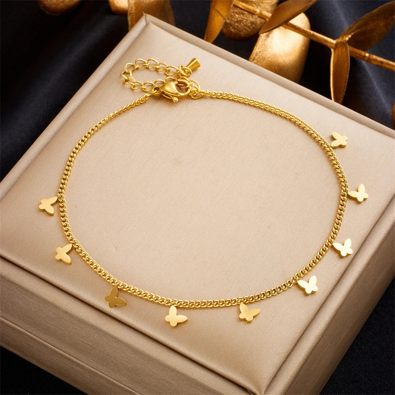 Stainless Steel Gold Color Butterfly Anklets For Women