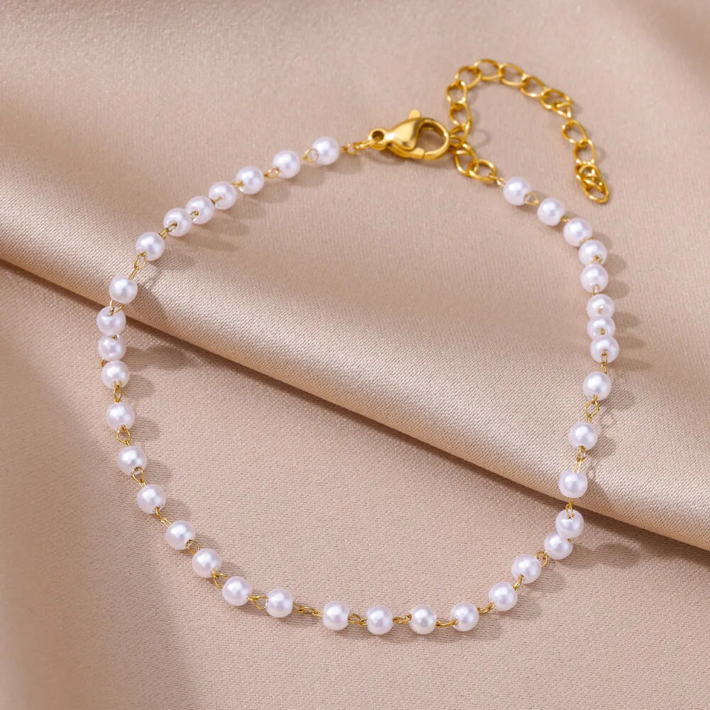 Gold Pearl Chain Anklet For Women