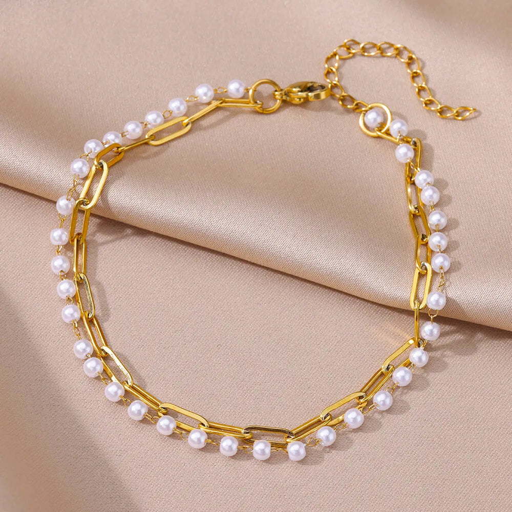 Gold Pearl Chain Anklet For Women